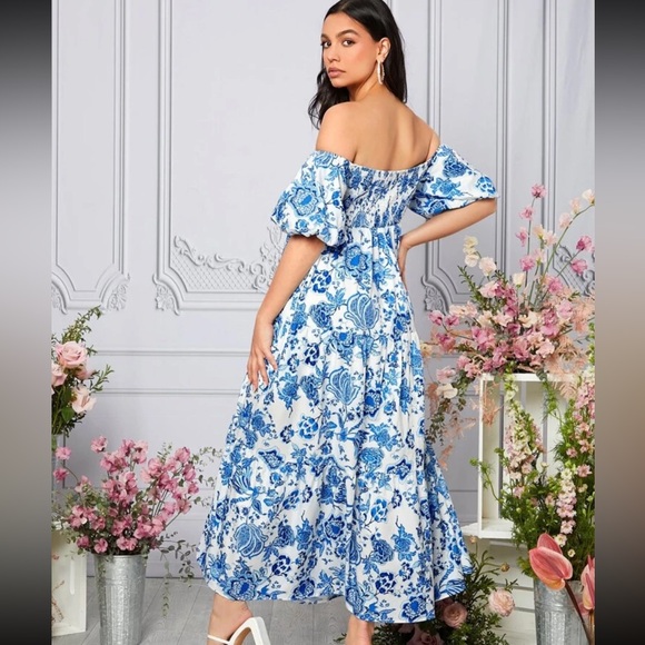 Blue floral print maternity dress - Picture 2 of 4